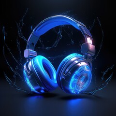 Modern backlit blue headphones on a dark background. Generative AI.