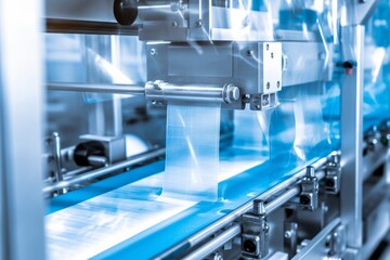 Automatic industrial machine for plastic packaging with light effect of products and food. automated packaging line with plastic film in a light blue scene. product packaging, Generative AI - obrazy, fototapety, plakaty
