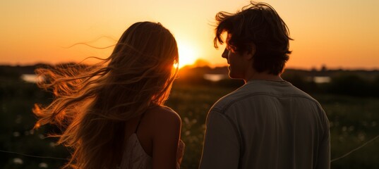 Back view romantic couple at sunset scene. Generative AI technology.