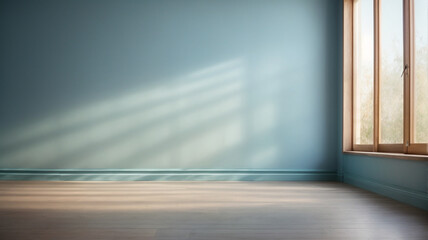 Empty wall and wooden floor with interesting glow from the window. Interior background, pastel colors,  blue. Mockup