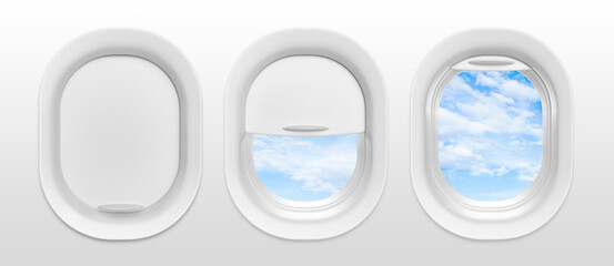 Airplane windows with transparent background in 3d realistic render