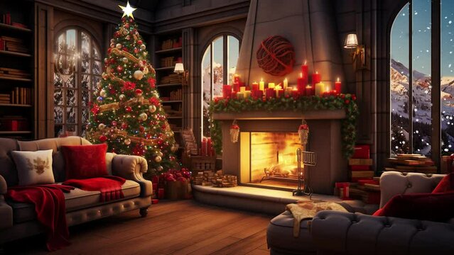 fireplace with christmas decorations and snowing
