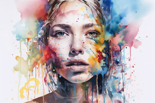 style woman colourful lip hand illustration beauty portrait art face watercolor. Generative AI.