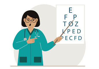 Ophthalmologist near the vision test table. Diagnosis and eye examination. Optometrist checks eyesight and chooses glasses.