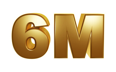 Luxury Golder 3D Rendering isolated on transparent background for Six millions or 6M followers or subscribes. Celebration or thank you concept for banner, social media, poster etc
