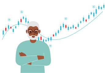 A grandpa on the background of a Forex chart. Conceptual illustration on the topic of strategic planning in trading on the stock exchange.
