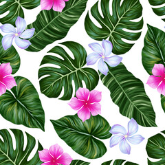 Tropical seamless pattern. Colorful vivid print with beautiful palm jungle leaves and flowers. Repeated luxury design for packaging, cosmetic, fashion, textile, wallpaper. Realistic high quality.