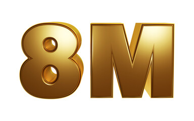 Luxury Golder 3D Rendering isolated on transparent background for Eight millions or 8M followers or subscribes. Celebration or thank you concept for banner, social media, poster etc