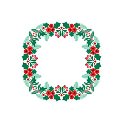 New year and Christmas wreath. Traditional winter garland on evergreen green branches, isolated on white background. Greeting card. Hand drawn Happy xmas vector retro holiday design