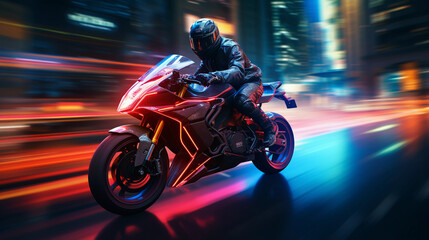 Cyberpunk Motorbike Driver Blurred Neon City Background