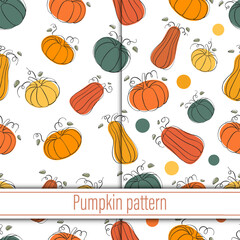 Autumn seamless vector pattern. Hand drawn autumn background with pumpkins. Abstract wallpaper for Thanksgiving.