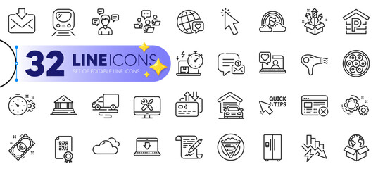 Outline set of Reject web, Hair dryer and Fireworks rocket line icons for web with Saving electricity, Delivery service, Parking thin icon. Repair, Lgbt, Agreement document pictogram icon. Vector