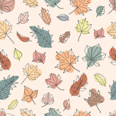 Obraz premium Autumn seamless vector pattern. Hand drawn autumn background with falling leaves. Abstract wallpaper for Thanksgiving.