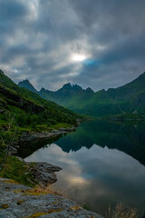 Dramatic scenery near Å (stream) i Lofoten, an imposibly idyllic fishing village near the southern tip of the Lofoten Islands Moskenes, Nordland, Norway