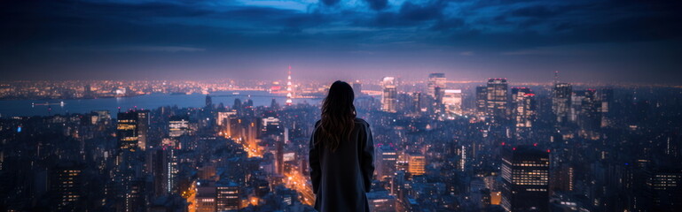 Naklejka premium Traveling solo in Asia, night view of a city. Tokyo like city. A girl or woman tourist. Hand edited generative AI. 