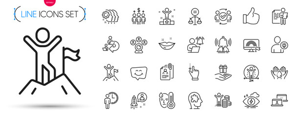 Pack of Fever, Touchscreen gesture and Mental conundrum line icons. Include Stress, Like, User idea pictogram icons. Meeting, Budget profit, Winner signs. Lgbt, Job interview, Wash hands. Vector