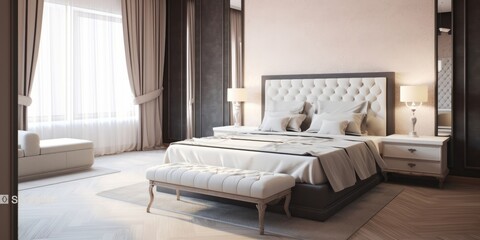 Comfort bedroom in luxury style. Bed maid-up with bed sheets in beauty room, Generative AI