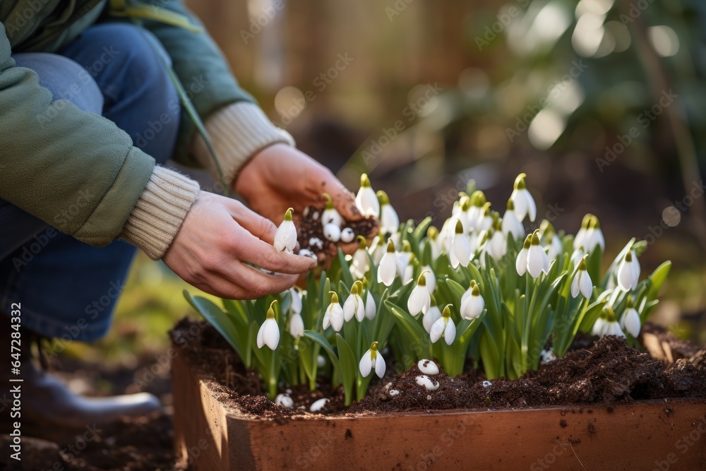 Poster a person is seen kneeling down in a garden filled with delicate snowdrops. this image can be used to