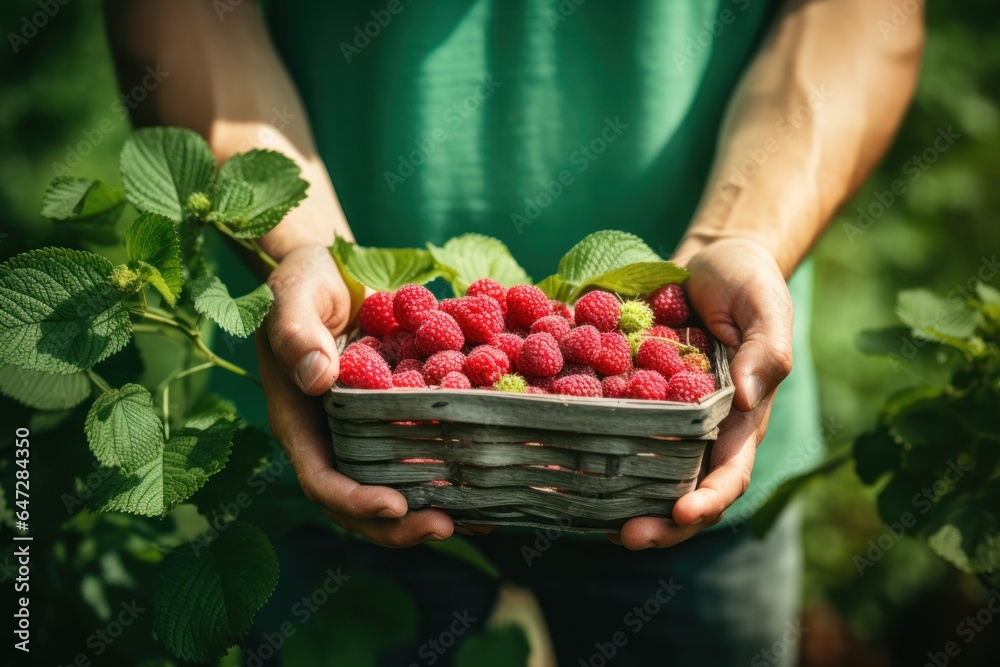 Poster a person holding a basket filled with fresh raspberries. this image can be used to showcase the abun