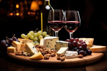 A picture featuring two glasses of wine, a plate of cheese, and grapes. This image can be used to showcase a delightful wine and cheese pairing or for promoting social gatherings and food events.