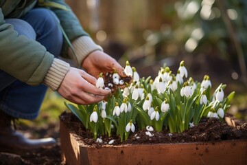 A person is seen kneeling down in a garden filled with delicate snowdrops. This image can be used to depict serenity, contemplation, and the beauty of nature. It is perfect for gardening, mindfulness,