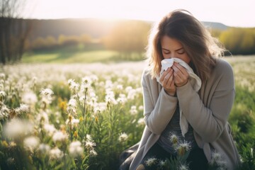 A woman is sitting in a field and blowing her nose. This image can be used to depict allergies, cold or flu, or the need for tissue or handkerchief.