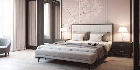 Comfort bedroom in luxury style. Bed maid-up with bed sheets in beauty room, Generative AI