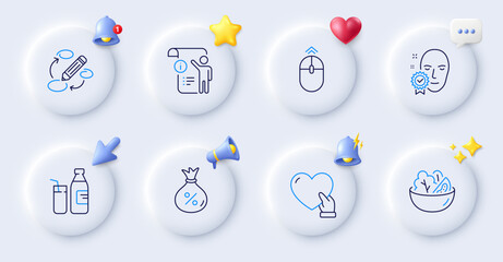 Salad, Keywords and Milk line icons. Buttons with 3d bell, chat speech, cursor. Pack of Swipe up, Face verified, Volunteer icon. Loan, Manual doc pictogram. For web app, printing. Vector