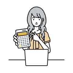 座ってデスクでノートPCを開いて電卓を指差してこちらに向けて見せているオフィスカジュアルの女性