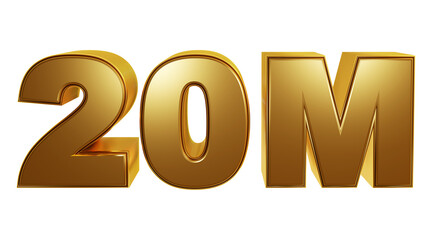 Luxury Golder 3D Rendering isolated on transparent background for twenty millions or 20M followers or subscribes. Celebration or thank you concept for banner, social media, poster etc