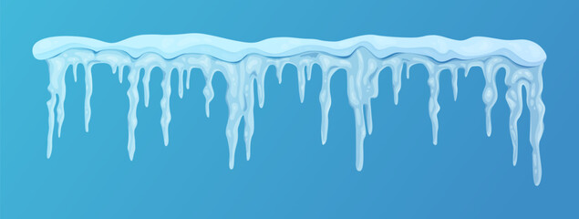 Frozen icicle cluster hanging down from snow-covered ice surface. - obrazy, fototapety, plakaty