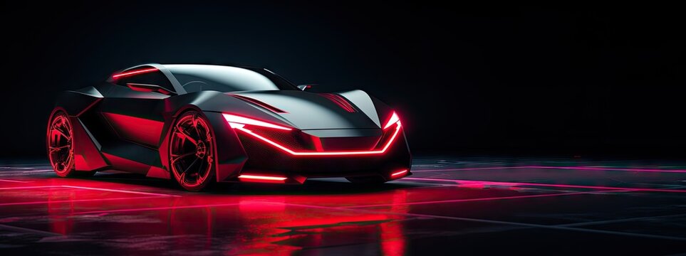 Futuristic Red Neon Car Scene - Auto Design in Luminescent Shades - Background with Empty Copy Space for Text - Fictional Conceptional Car Wallpaper Red Neon created with Generative AI Technology