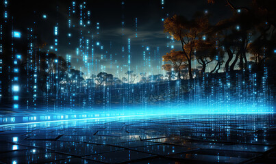 Blue binary codes background with city landscape.