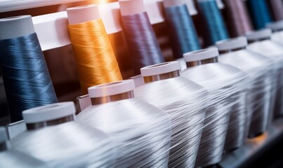 synthetic textile thread,  thread at industrial weaving manufacturing machine, textile fabric production industrial concept background, Generative AI