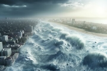 A massive ocean tsunami devastates a coastal city. Imminent catastrophe. Generative AI - obrazy, fototapety, plakaty