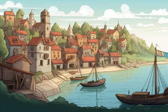 A digital illustration of a medieval seaside village with cartoon houses, boats, and a nostalgic summertime European town. Generative AI