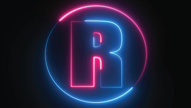 Neon Letter R with neon circle, Neon alphabet R glowing in the dark, pink blue neon light, Shine text R, the best digital symbol, 3d render, Education concept.