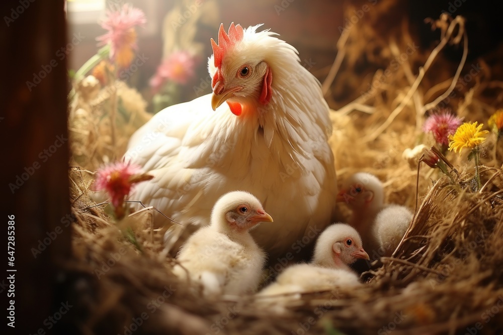 Poster chicken with chickens in the nest.