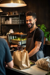 Waiter serving takeaway food to customers at counter in small family eatery restaurant, trendy fast food smiling owner delivering an online to go order in recycled paper bag to clients - obrazy, fototapety, plakaty