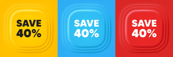 Save 40 percent off tag. Neumorphic offer banners. Sale Discount offer price sign. Special offer symbol. Discount podium background. Product infographics. Vector