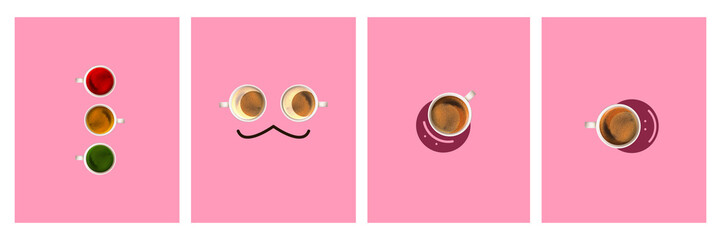 Collage. Cups filled with delicious drink, black coffee, americano, espresso isolated on pink...