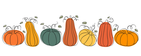 Pumpkin design for Thanksgiving or Halloween. Composition of pumpkins in line art style. Outlined pumpkin, pumpkin doodles. - obrazy, fototapety, plakaty