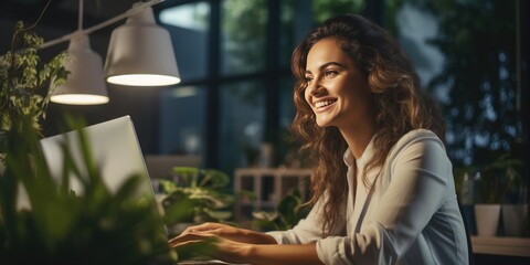 Fototapeta premium Happy and cute woman working on a laptop while sitting in cafe. Generative AI