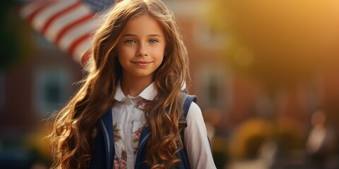 A cute American schoolgirl in front of school. First school day at school. Generative AI
