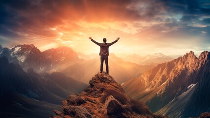 person on the top of the mountain with his arms reaching up to the sky in recognition,