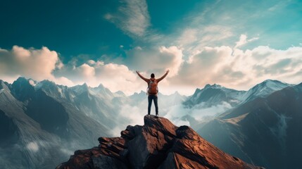 person on the top of the mountain with his arms reaching up to the sky in recognition,