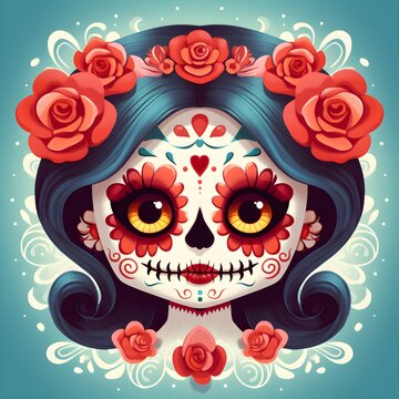 Cartoon Girl in Day of the Dead,Generativ AI
