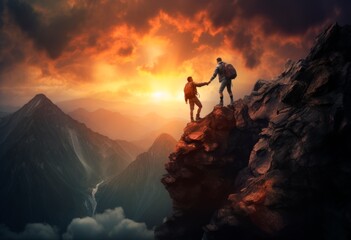 Two people helping each other on a mountain top