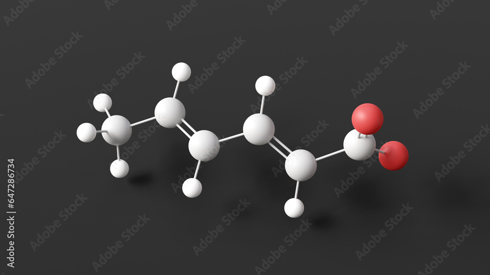 Sticker potassium sorbate molecule, molecular structure, food preservative e202, ball and stick 3d model, structural chemical formula with colored atoms