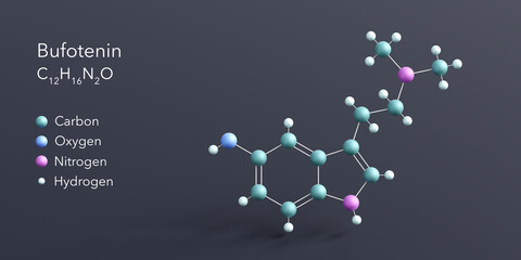 bufotenin molecule 3d rendering, flat molecular structure with chemical formula and atoms color coding